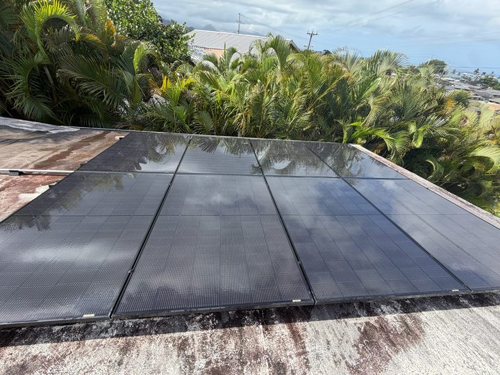 Clean black solar panels on a flat roof surrounded by trees